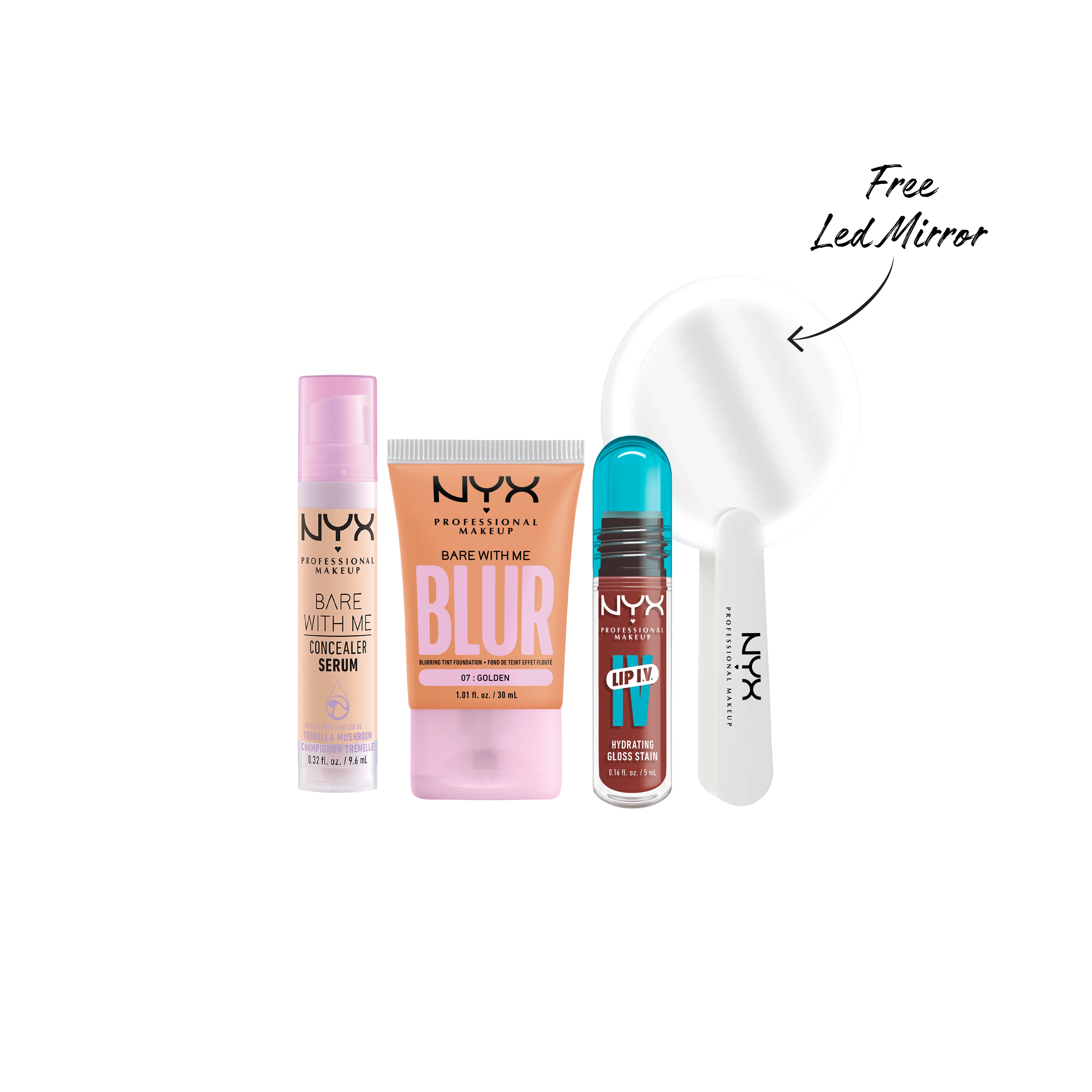 NYX Professional Makeup - Lip IV Hydrating Gloss Stain, Lip Gloss + Bare With Me Concealer Serum, For Face & Body +Bare with Me Blur Tint Foundation, Medium Coverage + Mirror | MazenOnline