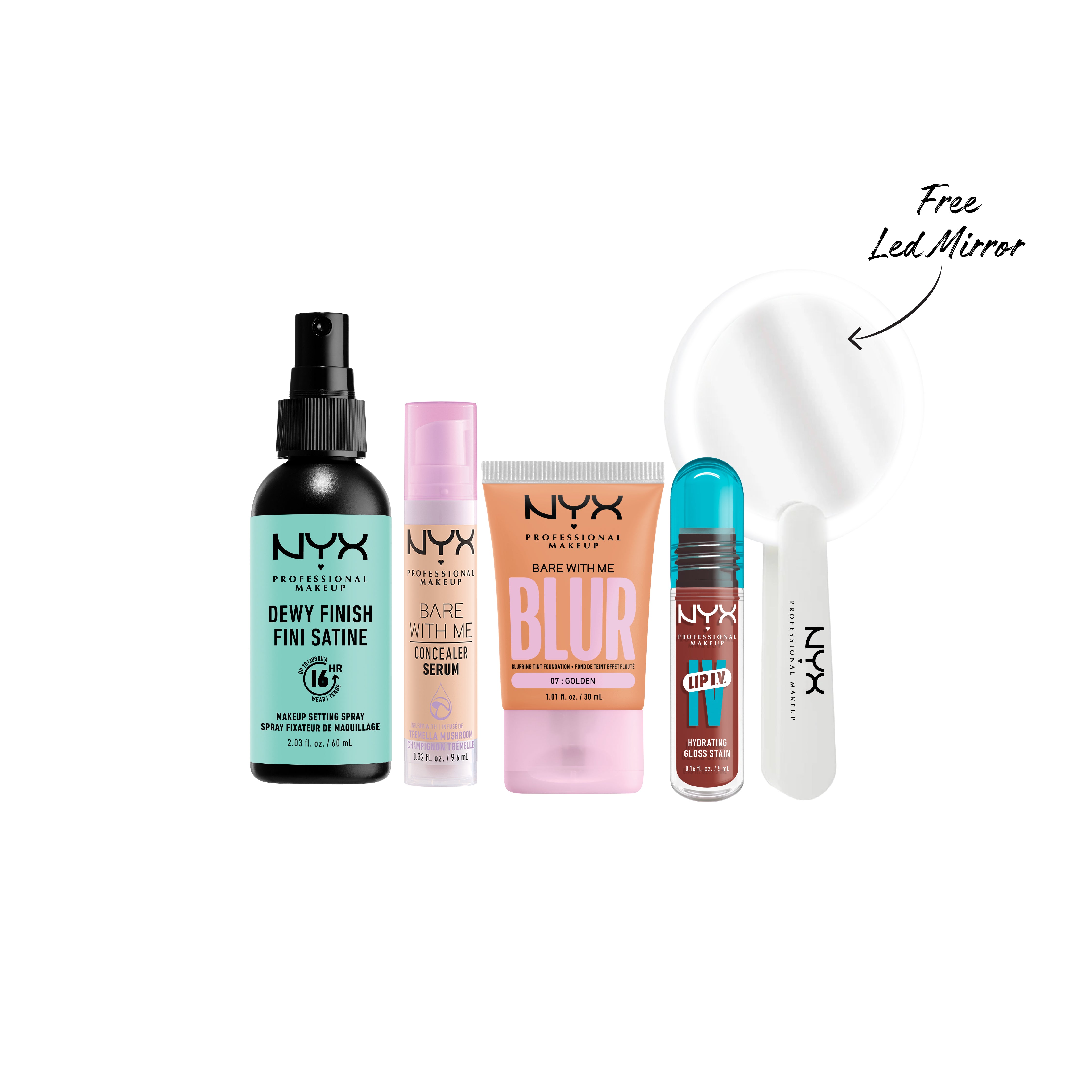 NYX Professional Makeup - Lip IV Hydrating Gloss Stain, Lip Gloss + Bare With Me Concealer Serum + Bare with Me Blur Tint Foundation + Dewy Finish, Lightweight And Extends Makeup + Mirror | MazenOnline