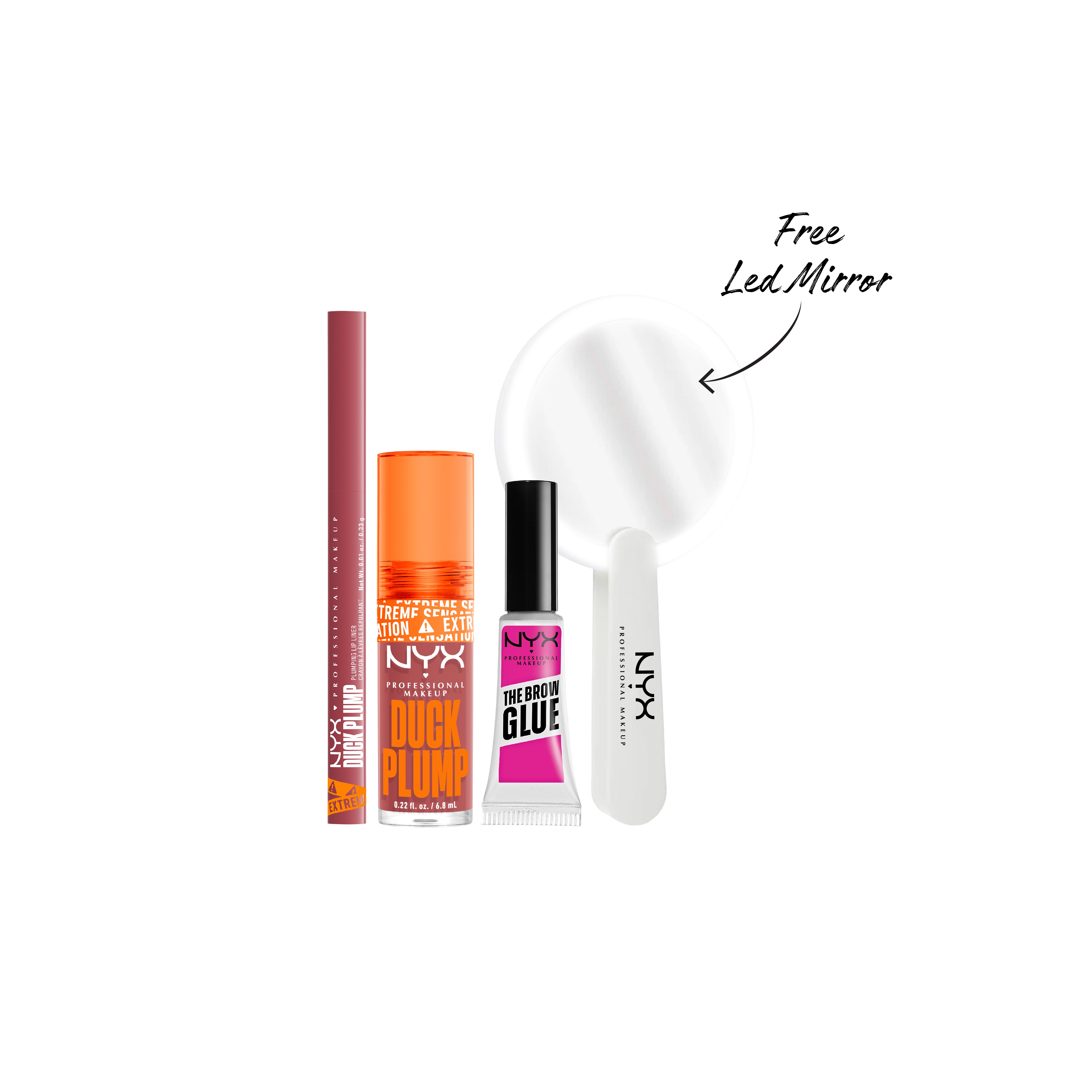 NYX Professional Makeup - Duck Plump Plumping Lip Liner + Duck Plump Lip Plumping Lacquer + The Brow Glue Instant Brow Styler + MIrror | MazenOnline
