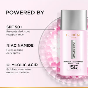 L'Oréal Paris - Glycolic Bright Anti-Dark Spot Daily UV Fluid SPF 50+ with [Glycolic Acid + Niacinamide] | MazenOnline