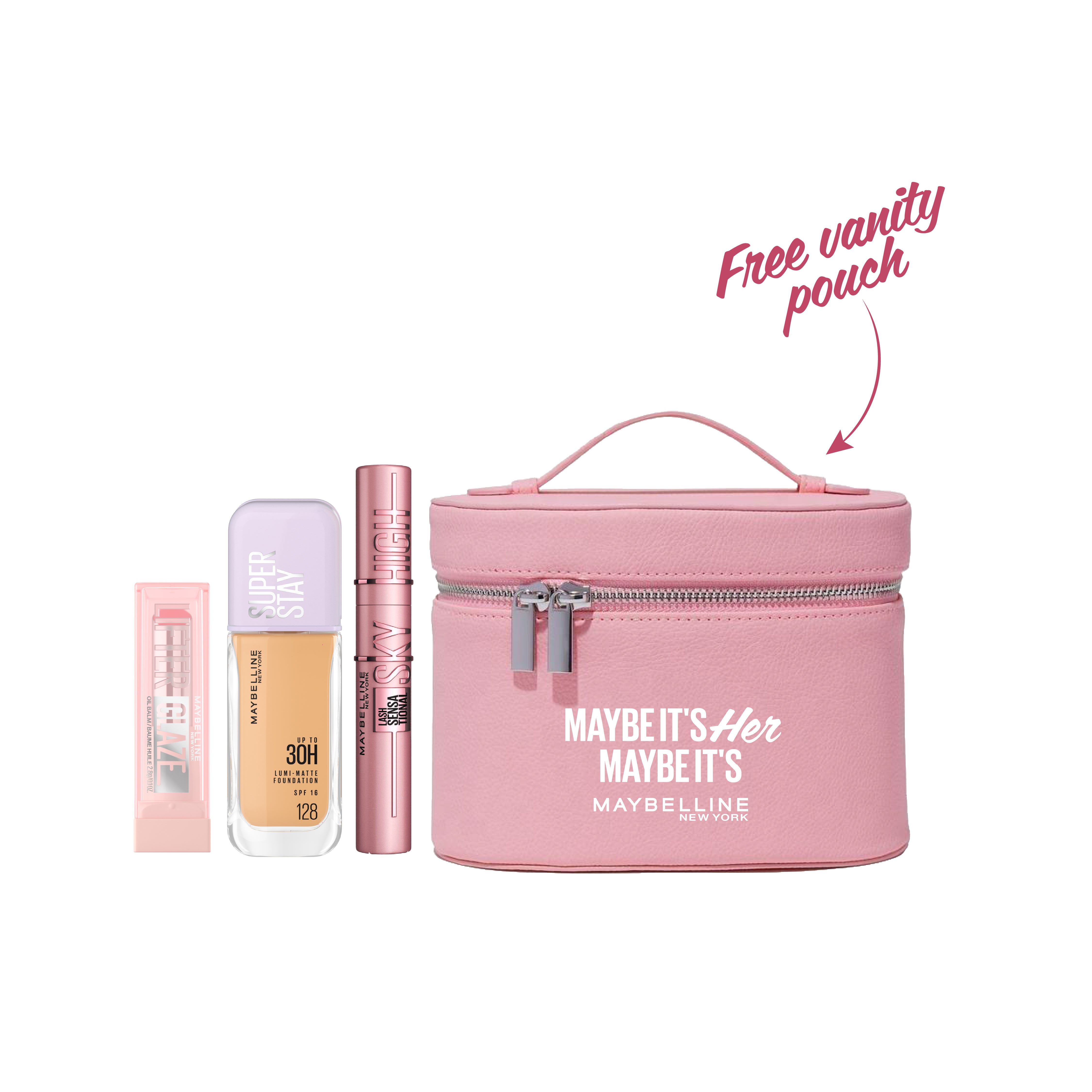 Maybelline New York - Lifter Glaze Lip Balm + Foundation Super Stay Up To 30h Lumi Matte + Lash Sensational Sky High +Gift | MazenOnline