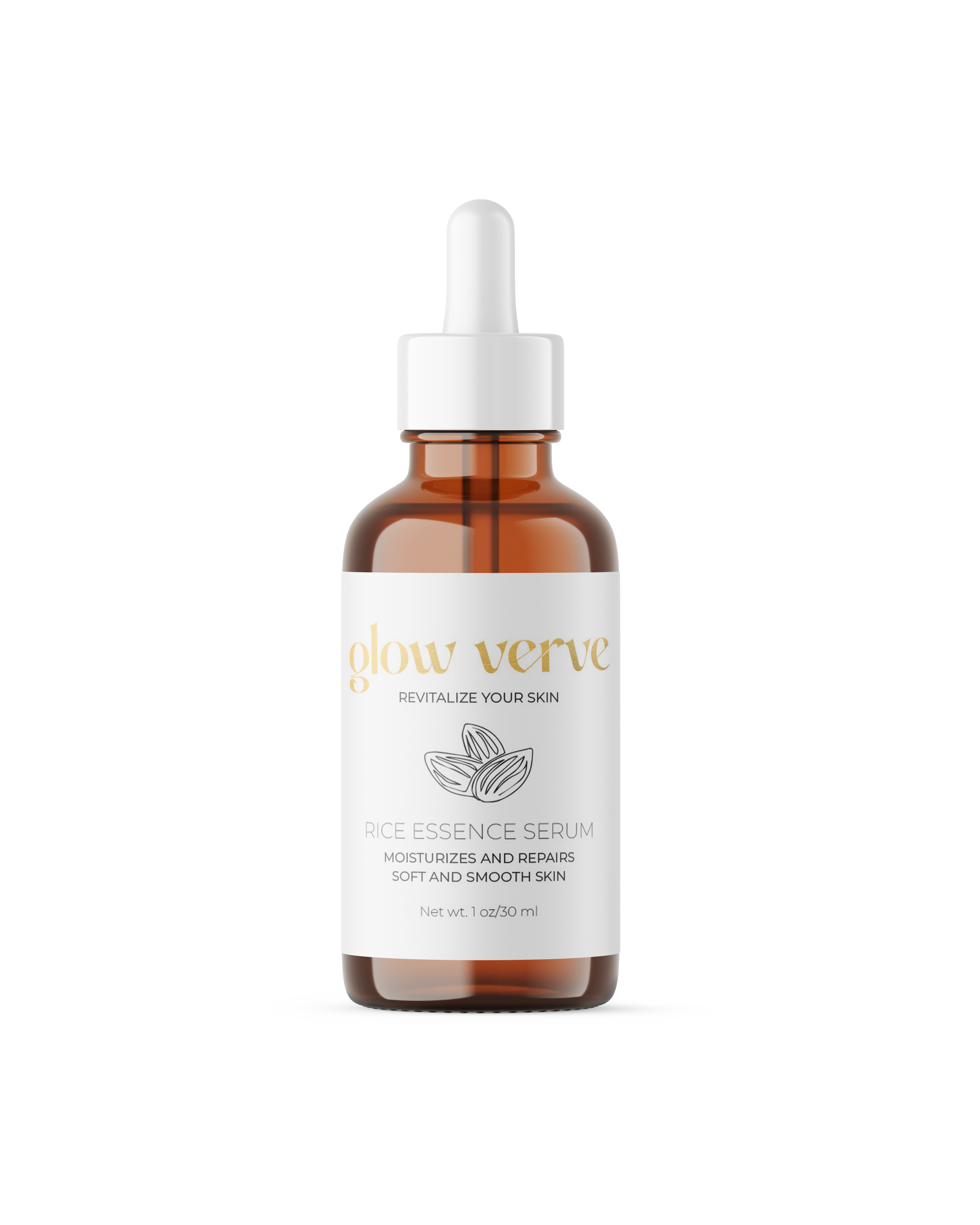 A clear glass dropper bottle of Rice Essence Serum with a white label that reads 'GLOW VERVE'. The label also includes the text 'Rice Essence Serum' and 'Moisturizes & Smooths'. Main image