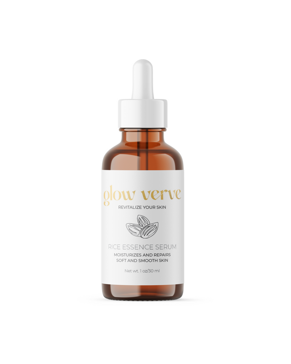 A clear glass dropper bottle of Rice Essence Serum with a white label that reads 'GLOW VERVE'. The label also includes the text 'Rice Essence Serum' and 'Moisturizes & Smooths'.