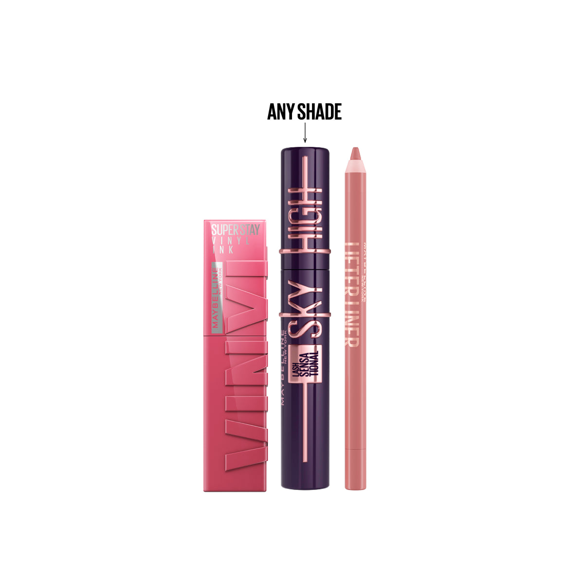 Lash Sensational Sky High Mascara  + Super Stay Vinyl Ink Longwear Liquid Lip Color + Lifter Liner Lip Liner Pencil