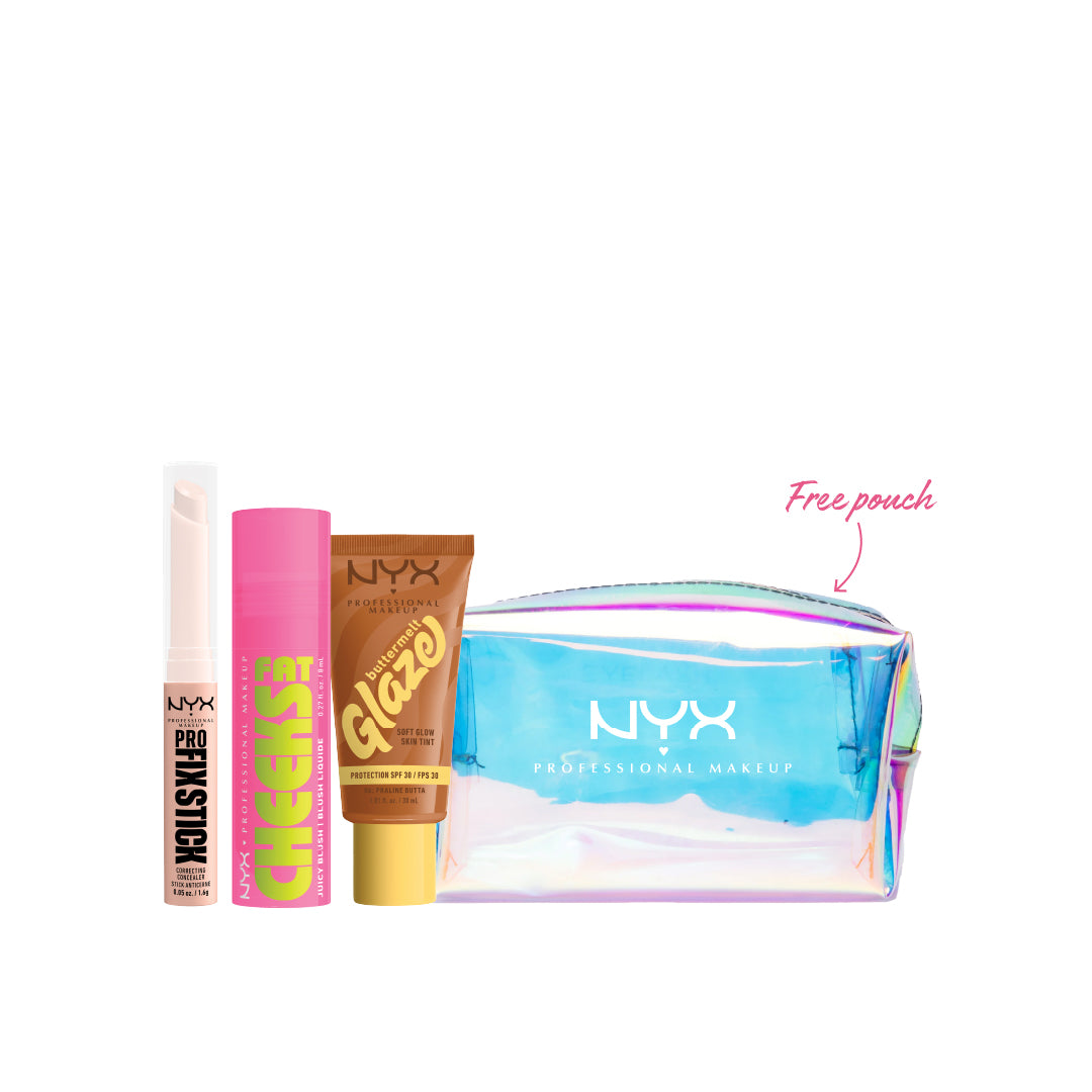 NYX Professional Makeup Summer Glam Look bundle featuring Buttermelt Glaze Soft, Pro Fix Stick, Fat Cheeks Juicy Blush, and a gift.