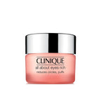 Clinique All About Eyes luxury skincare product for all skin types, featuring a sleek jar with cream inside.
