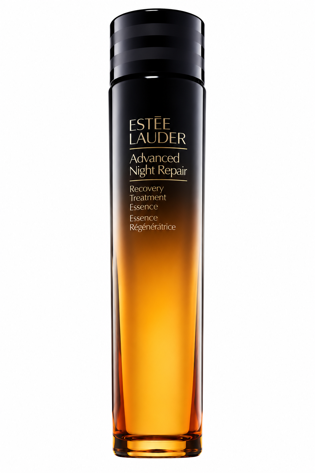 Estée Lauder Repairing Skincare Essence Advanced Night Repair Recovery Treatment lotion bottle with pump applicator on a white background.