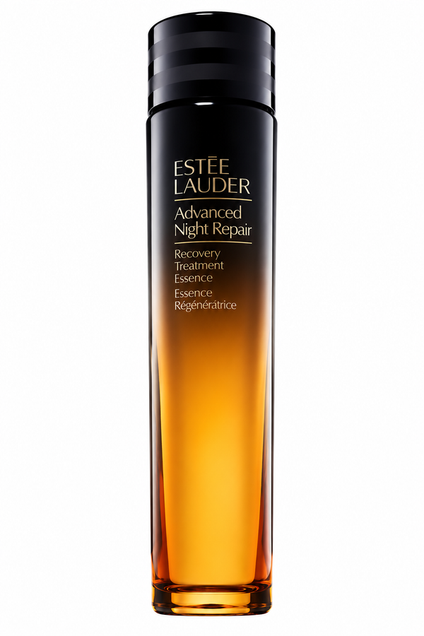 Estée Lauder Repairing Skincare Essence Advanced Night Repair Recovery Treatment lotion bottle with pump applicator on a white background.