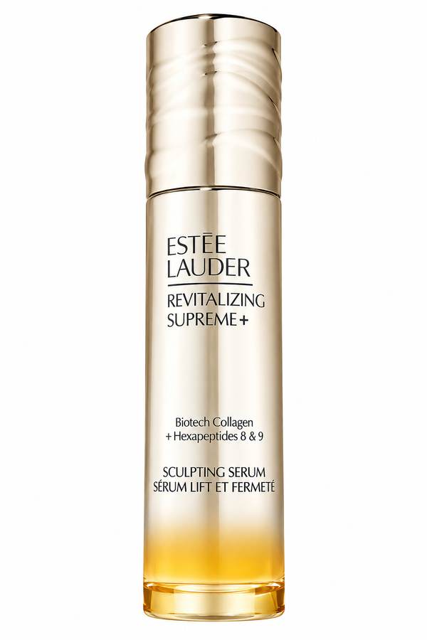 Estée Lauder Revitalizing Supreme+ Sculpting Face Serum with a sleek pump bottle and a white and silver design.