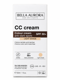 BELLA AURORA anti-dark spot cream SPF 50+ in light shade, showing the cream jar with label and product packaging.