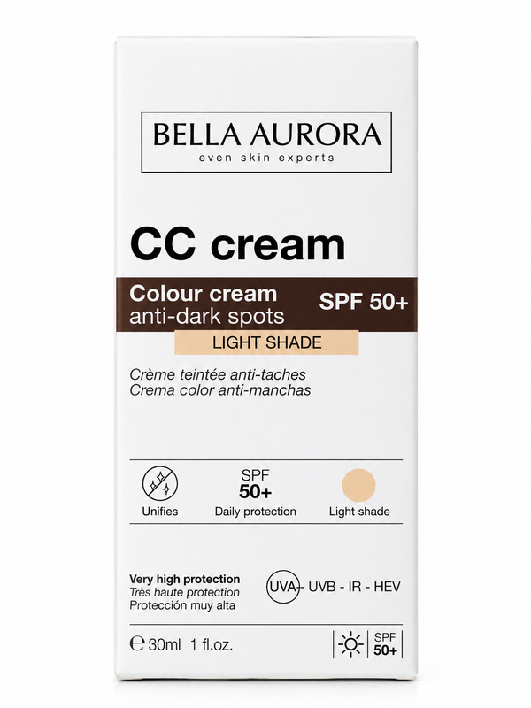 BELLA AURORA anti-dark spot cream SPF 50+ in light shade, showing the cream jar with label and product packaging.