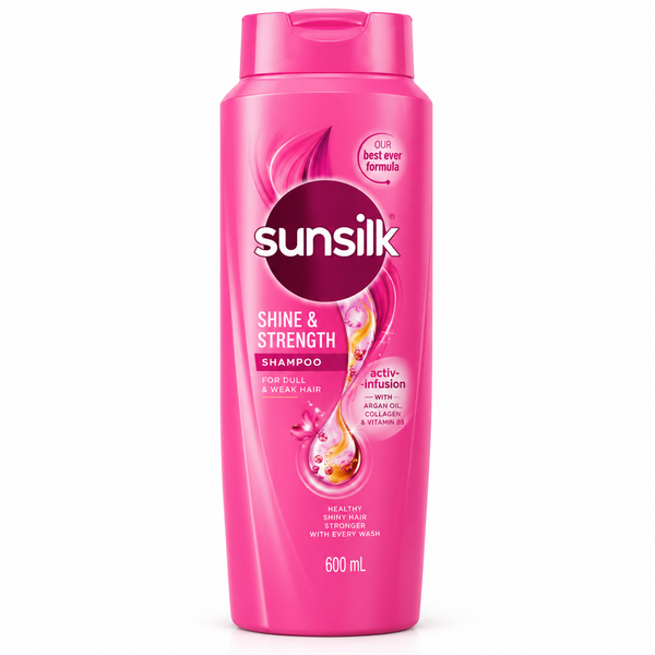 Sunsilk Shampoo Shine & Strength bottle with colorful label, designed to promote shiny, strong hair.