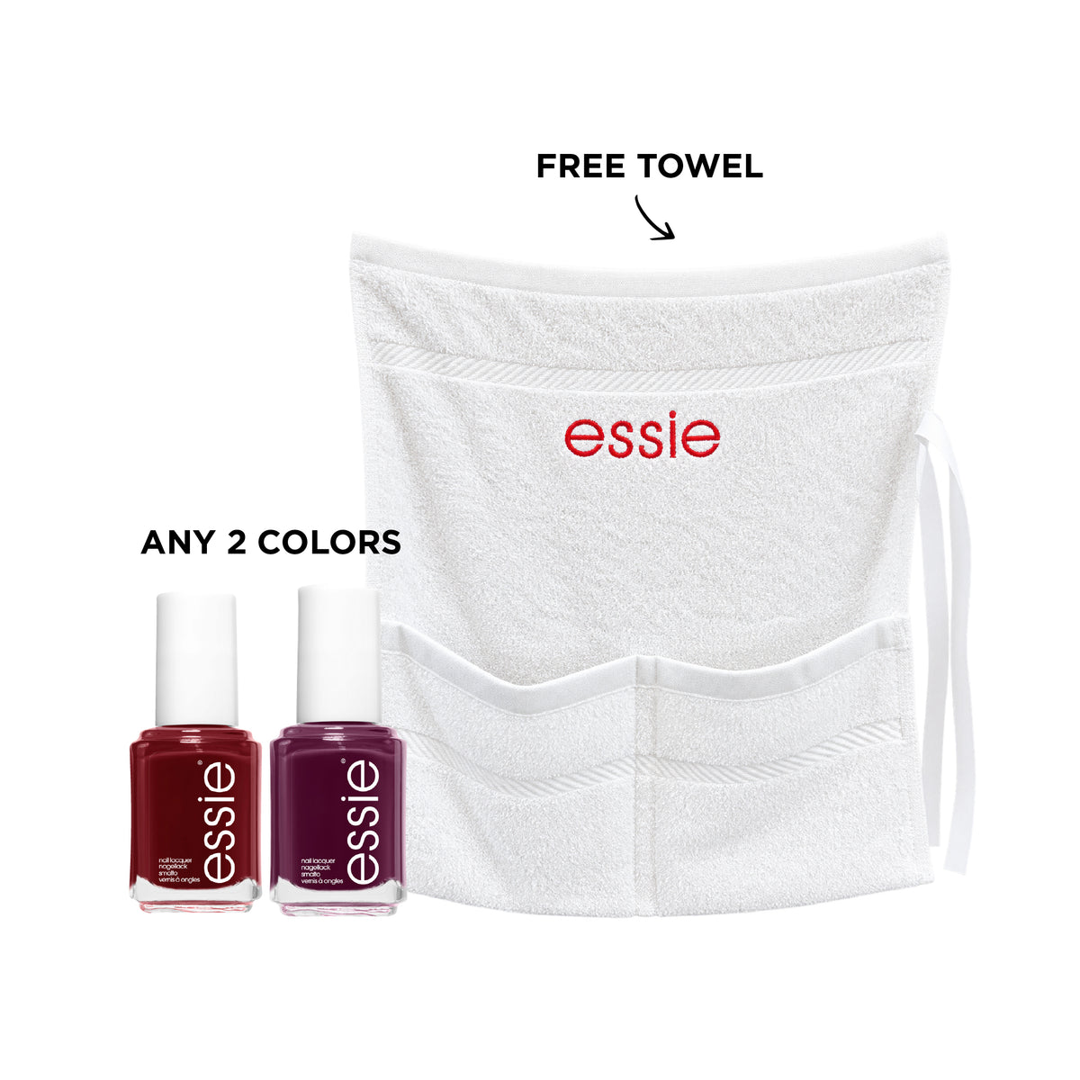 Two Essie nail polishes in white and pink bottles, displayed with a gift box on a white background.