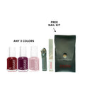 Set of three Essie nail polishes in various shades with a gift box, displayed on a white background.