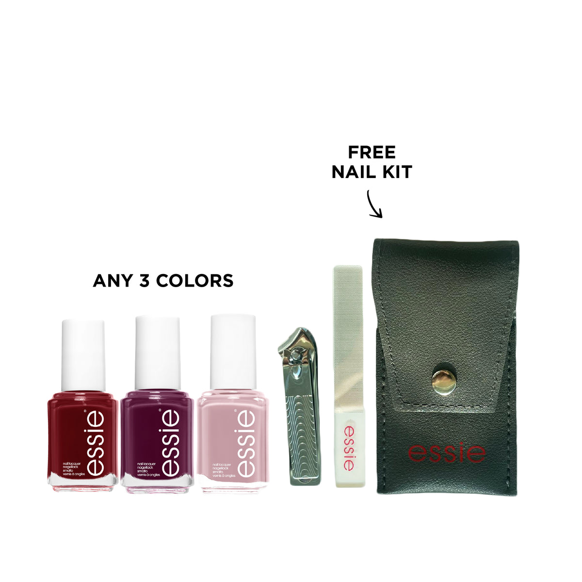 Set of three Essie nail polishes in various shades with a gift box, displayed on a white background.