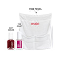 Essie nail polish with Let It Shine top coat in a gift set, featuring a white background and vibrant nail color.