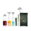 Essie nail polish with apricot nail and cuticle oil, featuring nail care products on a white background.