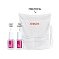 Essie Let It Shine top coat bottle with a gift box on a white background, showcasing shiny, glossy nail polish finish.