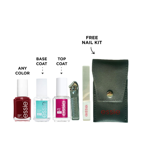 Essie nail polish, Let It Shine top coat, and As Strong as It Gets nail care gift set on white background
