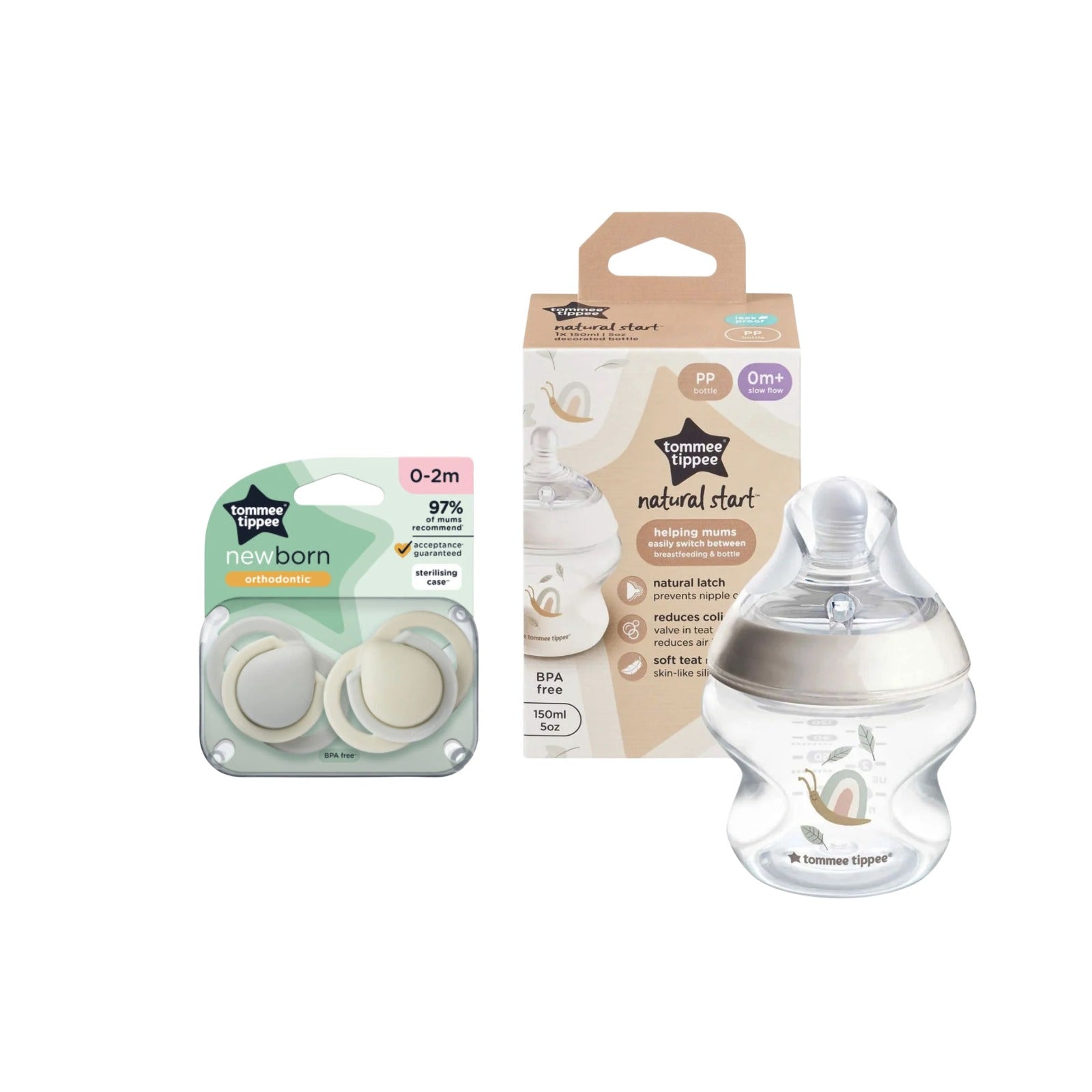 Tommee Tippee - Newborn Soother 0-2M + Natural Start Decorated Bottle Quantity | MazenOnline