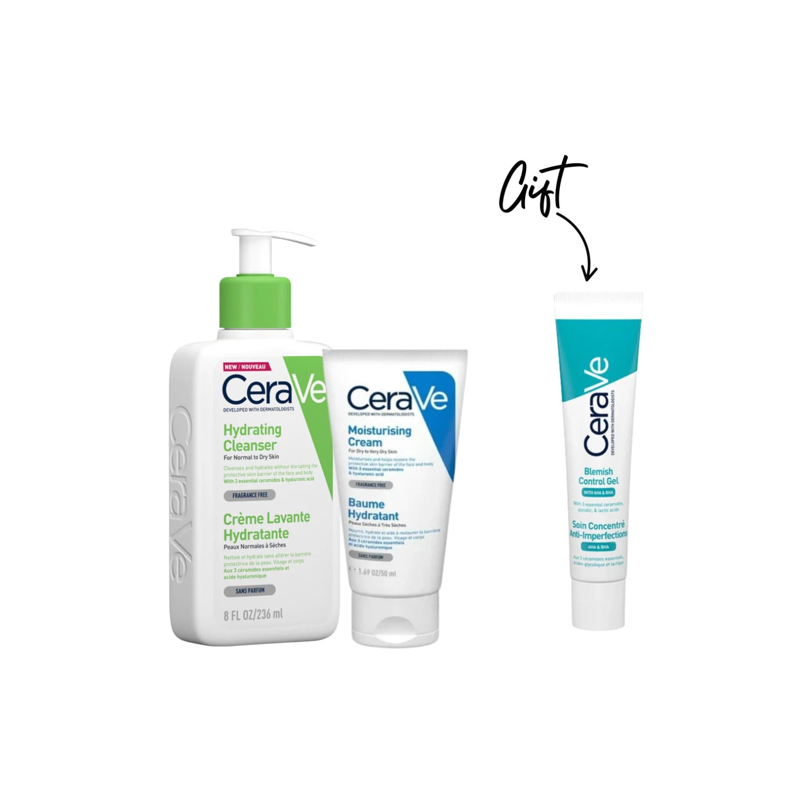 Hydrating Cleanser for Normal to Dry Skin with Hyaluronic Acid + Moisturising Cream + Gift AHA serum 40ml