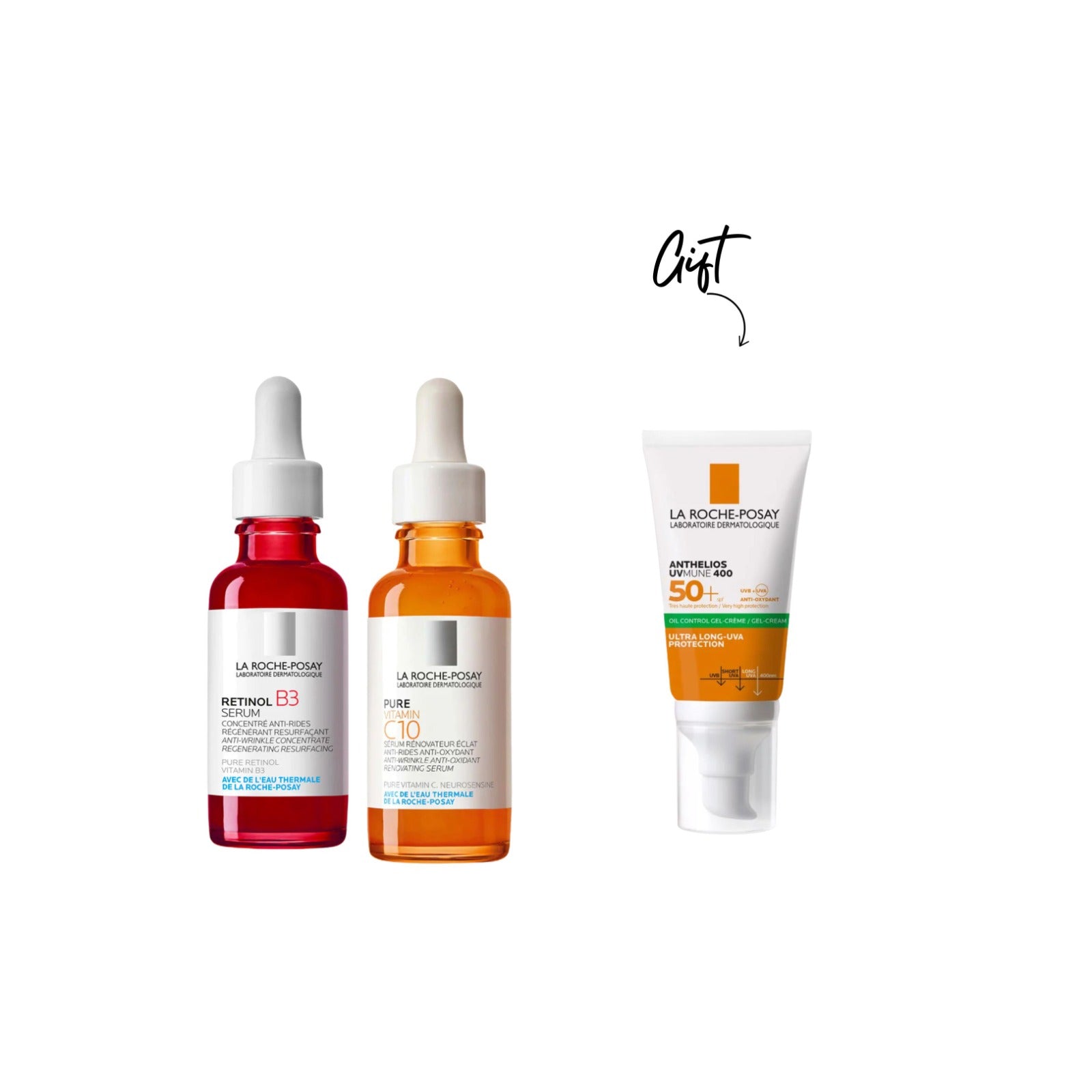 10% Pure Vitamin C Anti Aging Face Serum for Wrinkles + Retinol B3 Pure Retinol Serum + Anthelios UVMune 400 Moisturizing Sunscreen SPF50+