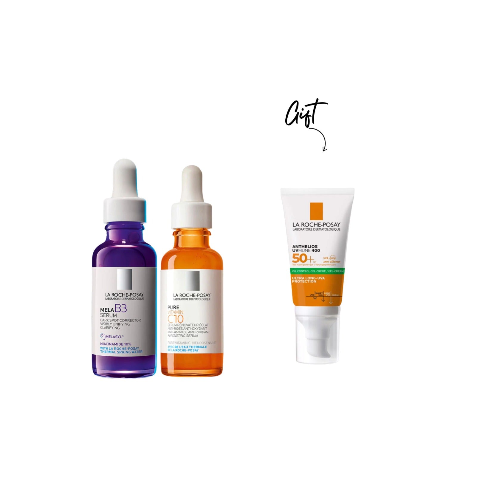 10% Pure Vitamin C Anti Aging Face Serum for Wrinkles + Mela B3 anti-dark spots + Anthelios UVMune 400 Moisturizing Sunscreen SPF50+