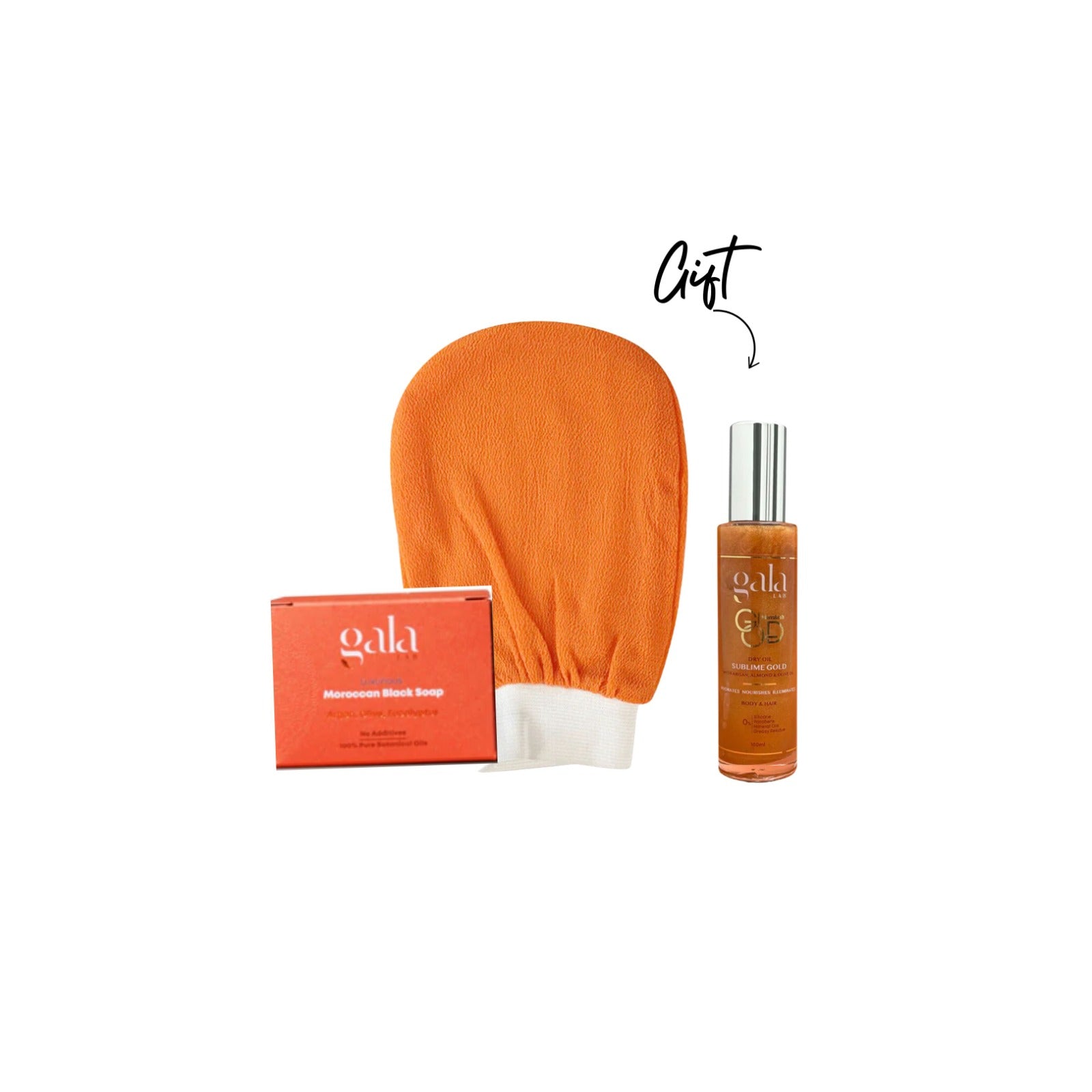 Luxurious Moroccan Black Soap + Morroccan Kessa Dermatological Body Loofah + Dry Oil Sublime Gold