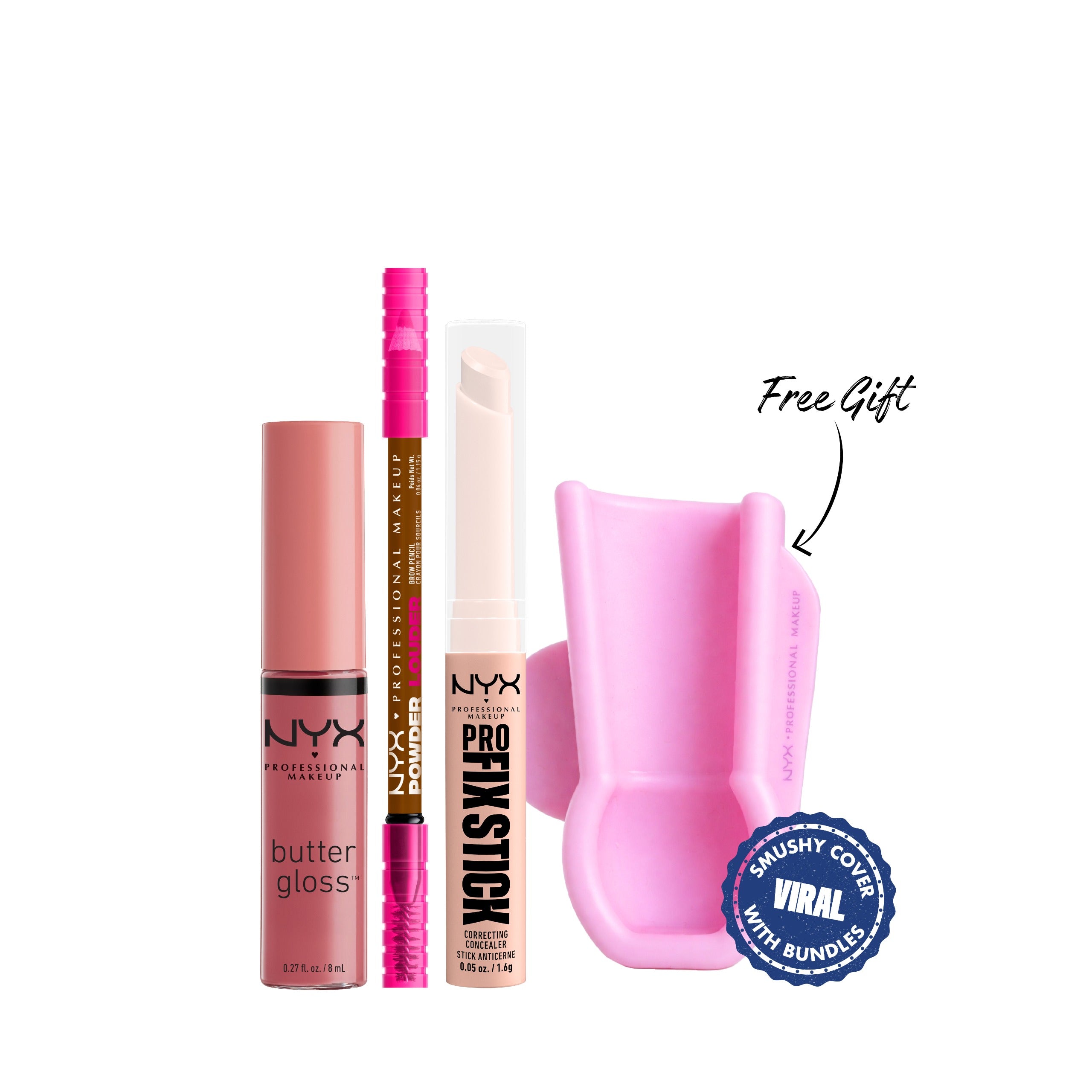 NYX Professional Makeup - Powder Louder, Brow Pencil, 12Hr Wear, Buildable Micro-Fibers + Pro Fix Stick Correcting Concealer + Butter Gloss, Non-Sticky Lip Gloss, Buttery Soft, Silky Smooth And Creamy, Sheer To Medium Coverage + Gift | MazenOnline