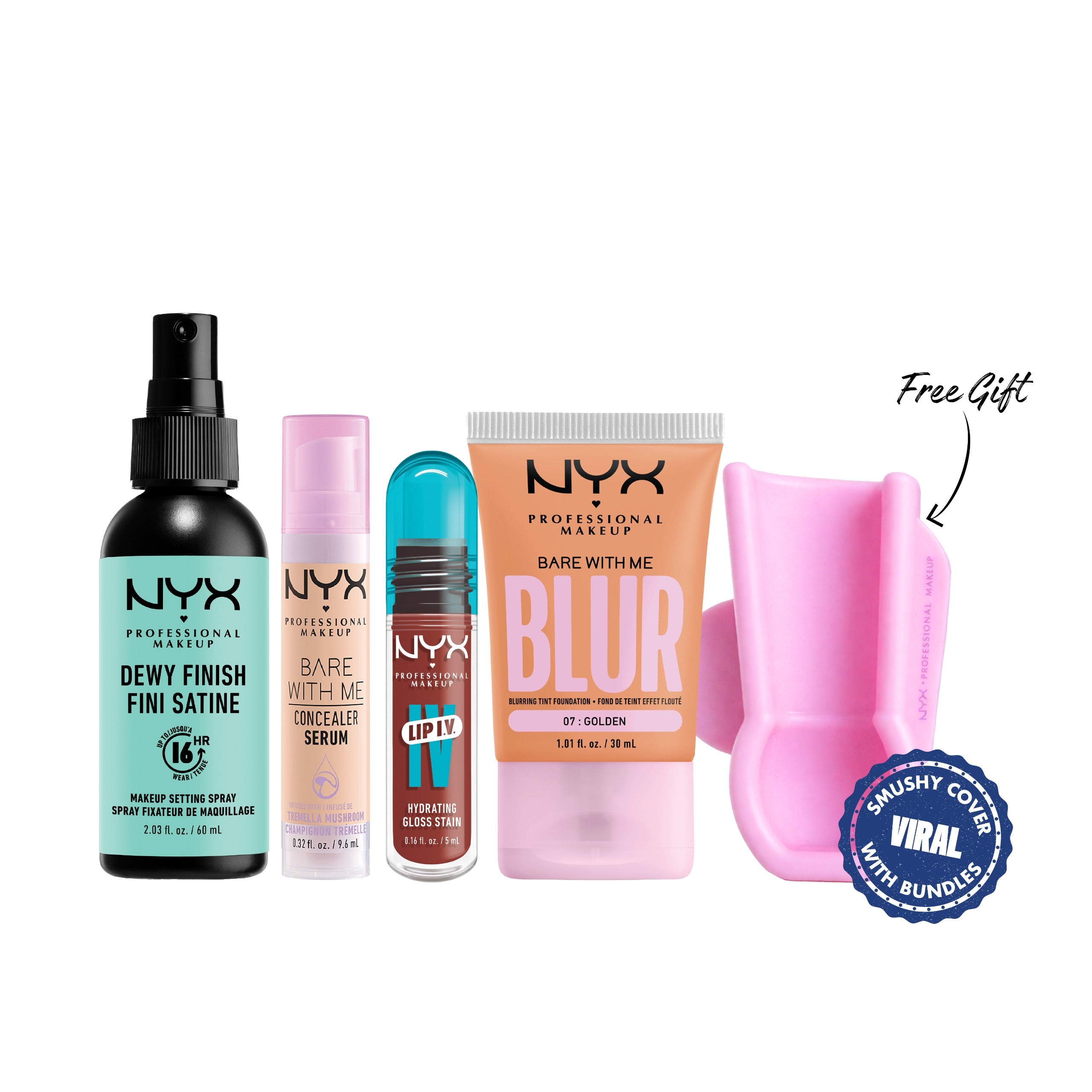 NYX Professional Makeup - Lip IV Hydrating Gloss Stain, Lip Gloss, Up to 12HR Hydration, High Pigment, Wet Shine Finish + Bare With Me Concealer Serum, For Face & Body, Up to 24HR Hydration For Skin +Bare with Me Blur Tint Foundation+Dewy Finish, Lightweight And Extends + Gift | MazenOnline Main image