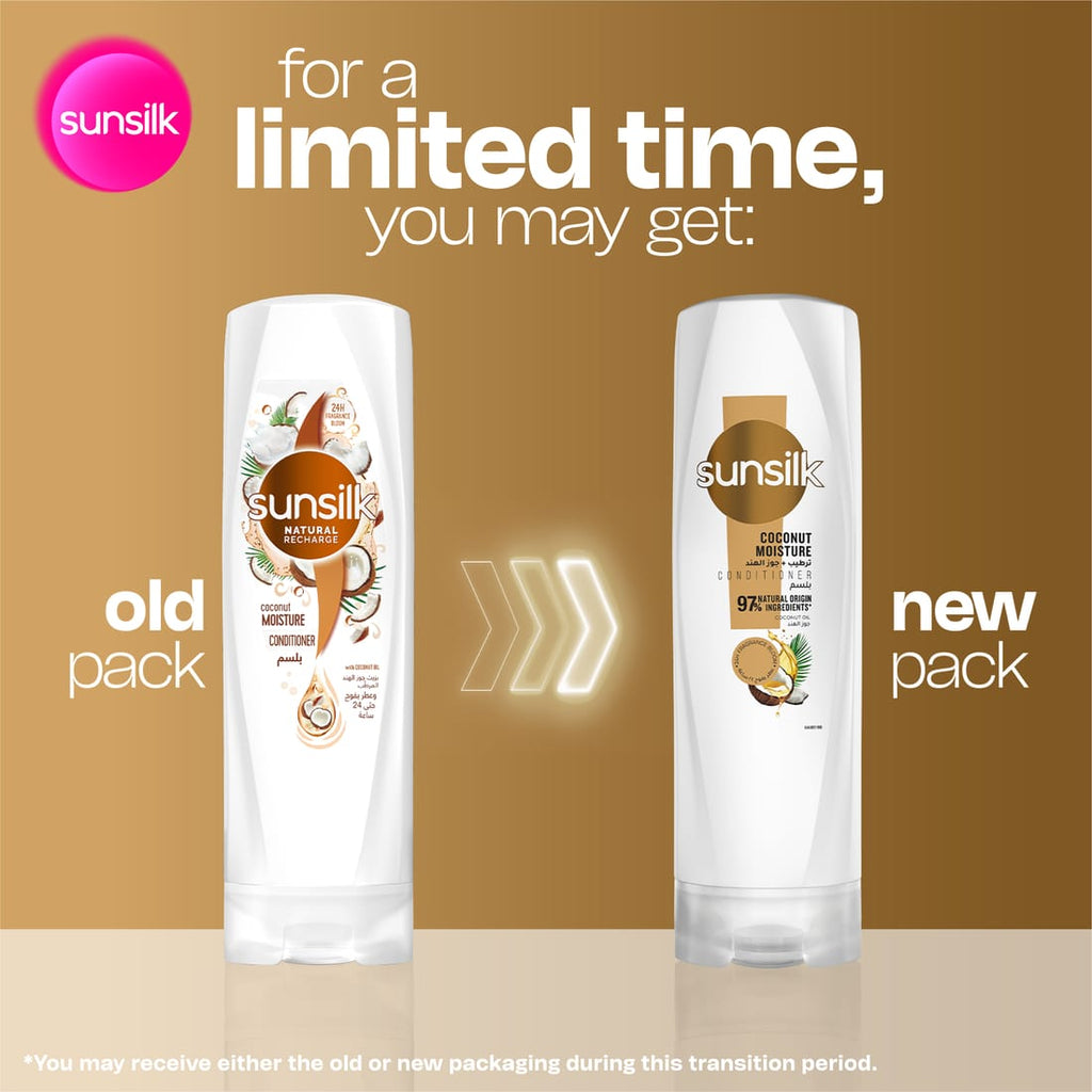 Sunsilk coconut moisture shampoo, conditioner, and gift set with bottles featuring coconut-themed packaging, ideal for nourishing hair.