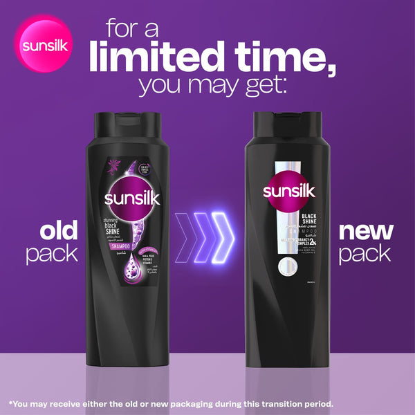 Sunsilk Black Shine shampoo and conditioner set with a gift, featuring sleek black bottles and a shiny, glossy finish.