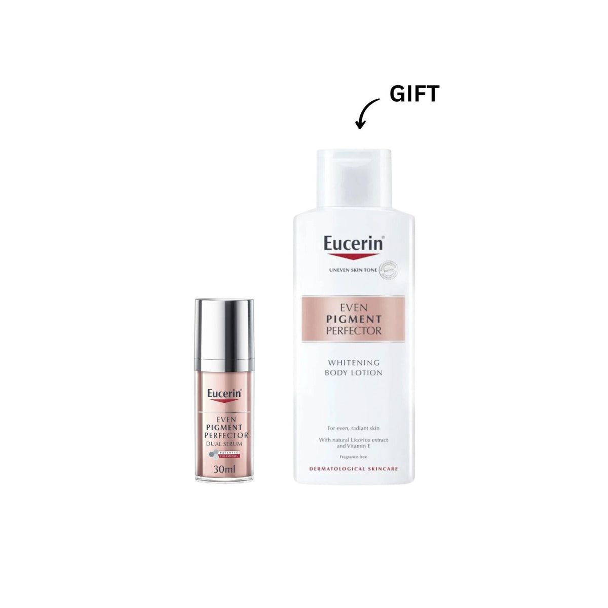 Eucerin Even Pigment Perfector Dual Serum and Body Lotion Gift set for visibly even-looking skin