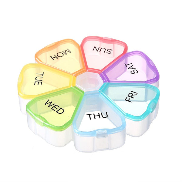 AB Care Flower Week 7 Weekly Pill Organizer in bright floral design with seven compartments for medication management.