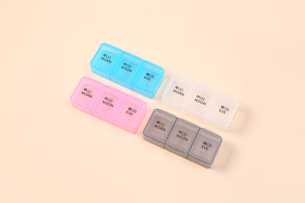 AB Care Mini Cube 3-pocket pill box in compact, white plastic with three separate compartments for medication storage.