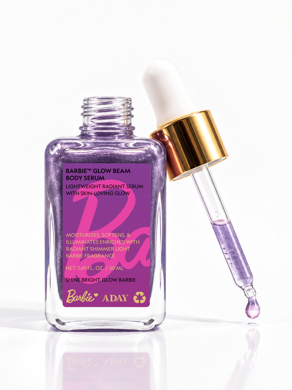 ADAY x Barbie Glow Beam Body Serum, a lilac 50 ml glass bottle with a gold-capped dropper on white