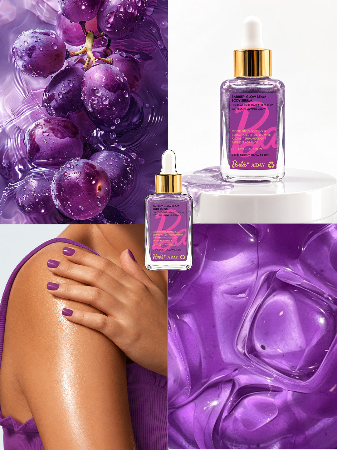 ADAY x Barbie Glow Beam Body Serum with purple grapes, ice and shimmering skin