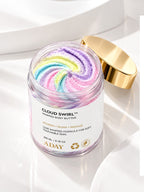ADAY Cloud Swirl Whipped Body Butter opened from above, gold lid leaning against the jar