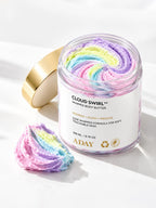 ADAY Cloud Swirl Whipped Body Butter beside a scooped dollop of the pastel rainbow butter
