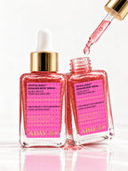 The ADAY Crystal Rush dropper releasing pink shimmer serum above two bottles