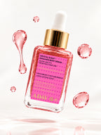 ADAY Crystal Rush Shimmer Body Serum among floating droplets of pink serum