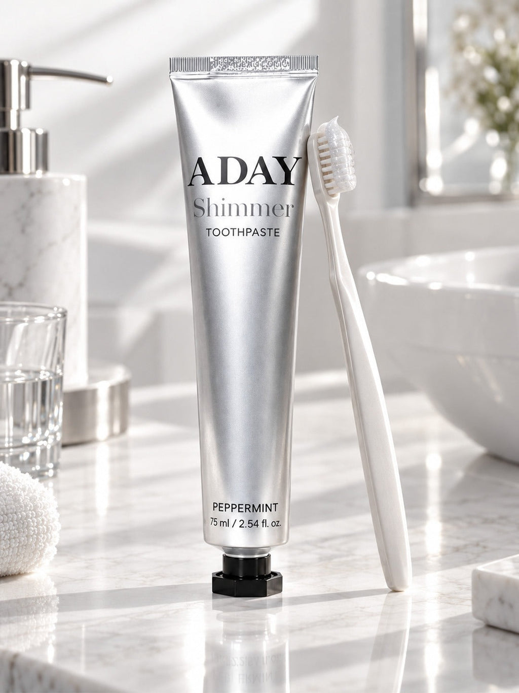 ADAY Silver Shimmer Toothpaste standing on a marble vanity beside a toothbrush