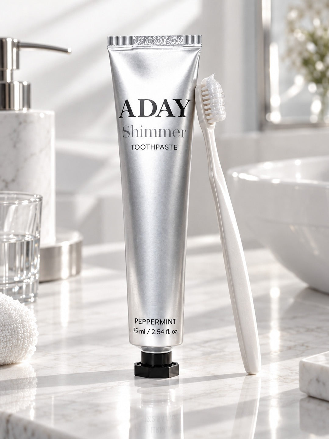 ADAY Silver Shimmer Toothpaste standing on a marble vanity beside a toothbrush