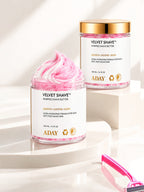 Two jars of ADAY Velvet Shave Whipped Shave Butter on white plinths, one open to show the whipped peak