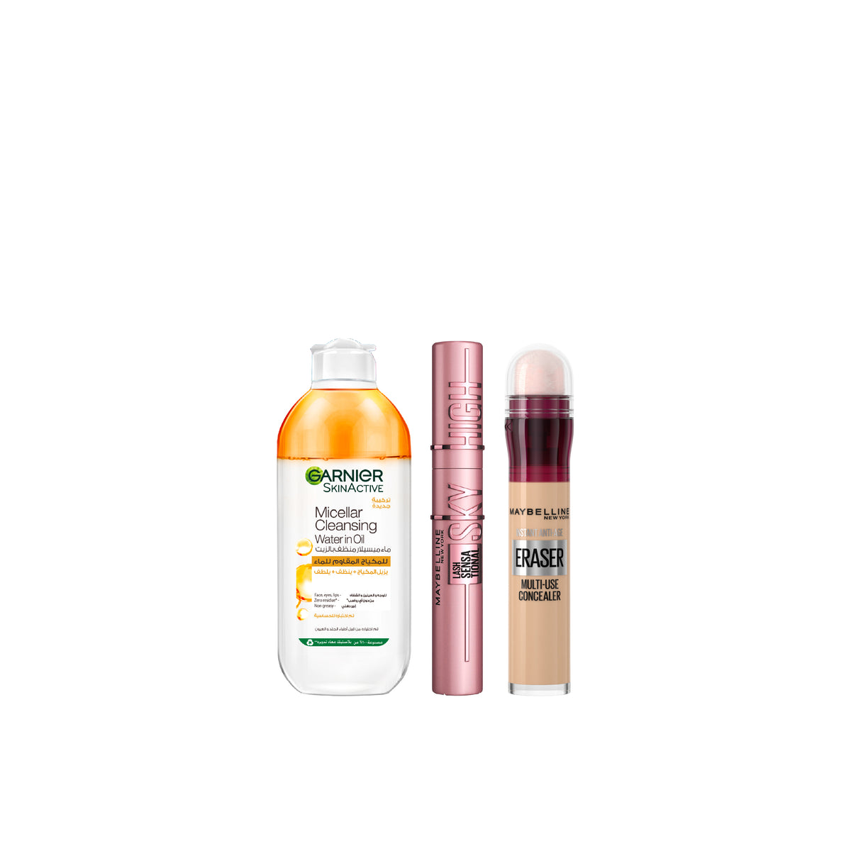 Maybelline New York IAR concealer, Sky High mascara, and In Oil Micellar makeup remover set