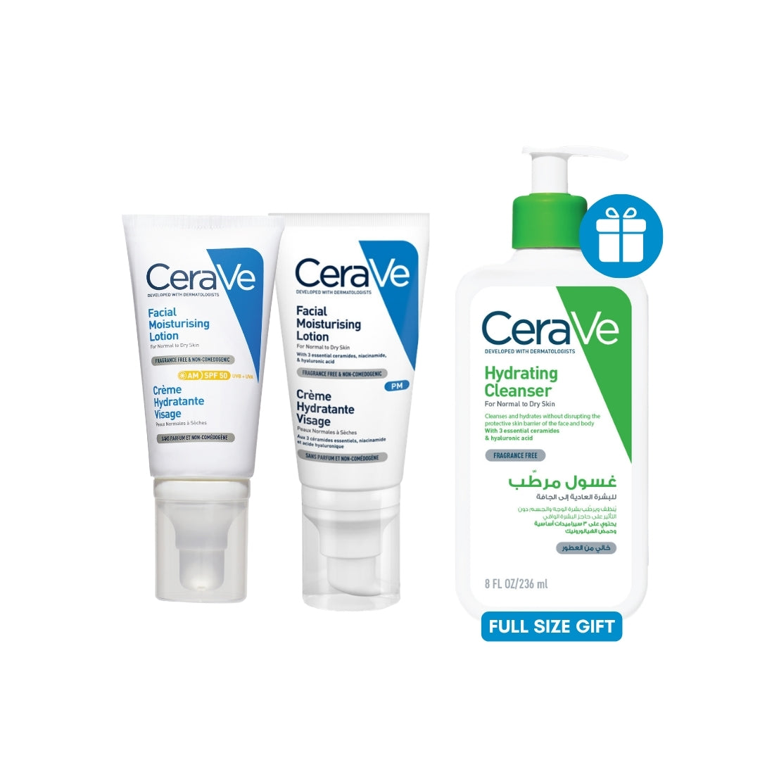 CeraVe AM Facial Moisturizing Lotion SPF50 for Normal to Dry Skin 52ml + PM Facial Moisturizing Lotion Night Cream with Hyaluronic Acid Get Hydrating Cleanser for Normal to Dry Skin with Hyaluronic Acid