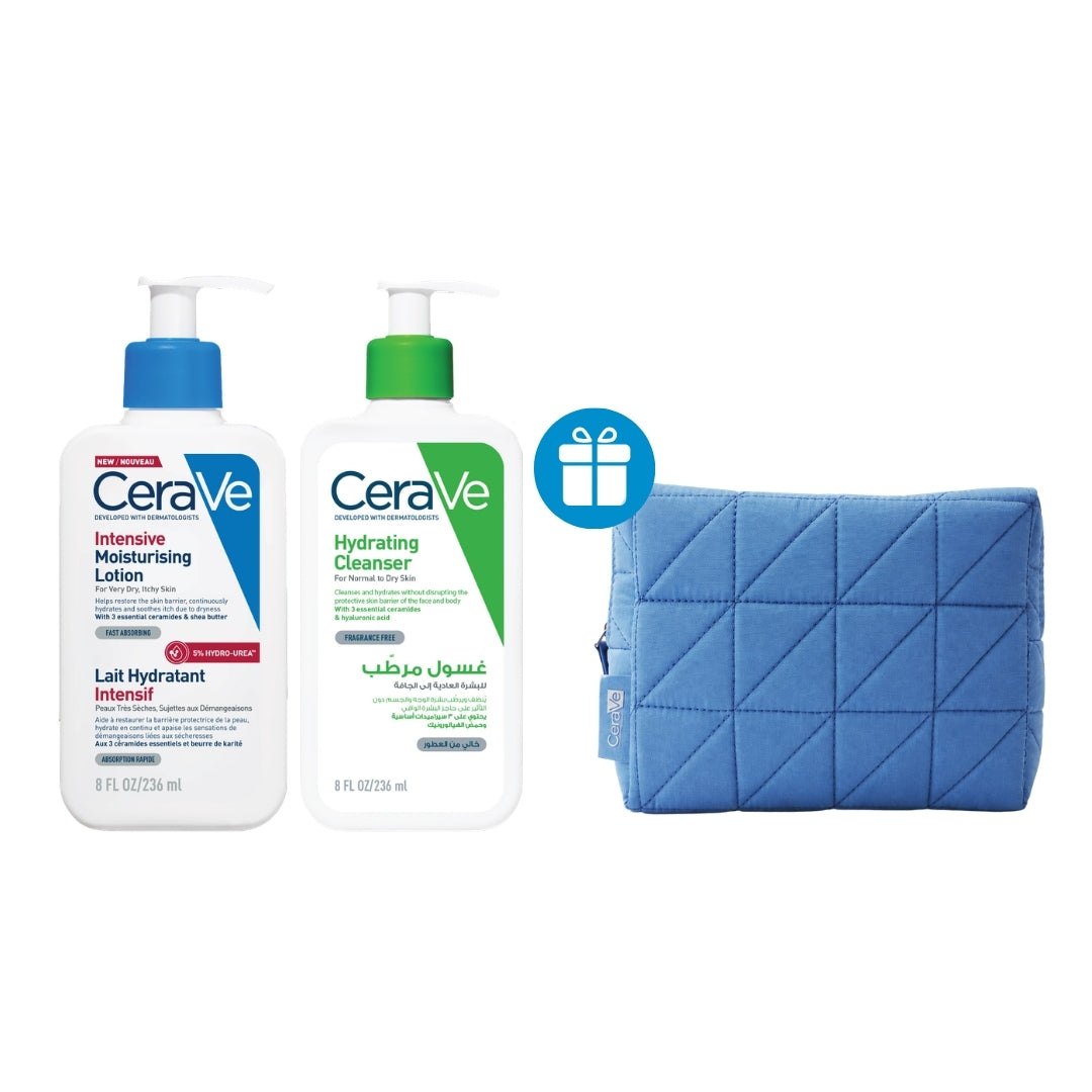 Moisturizing Lotion for Very Dry + Hydrating Cleanser for Normal to Dry Skin with Hyaluronic Acid Get Blue Quilting Puffy Pouch