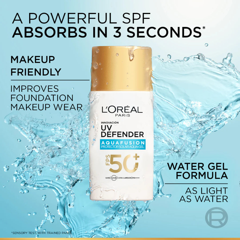 L'Oréal Paris - UV Defender, Aquafusion Daily Water Gel Sunscreen, SPF50+ PA++++, Defends from all UV aging signs, Absorbs in 3 Seconds, 50ml | MazenOnline