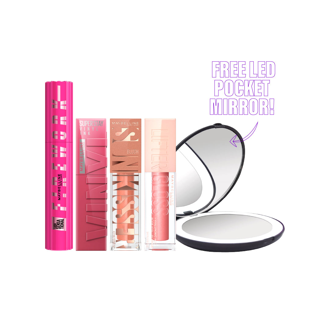 Maybelline New York - Sunkisser Multi-Use Liquid Blush And Bronzer + Lifter Gloss + Lash Sensational Firework Washable Mascara + Super Stay Vinyl Ink Longwear Liquid Lip Color | MazenOnline