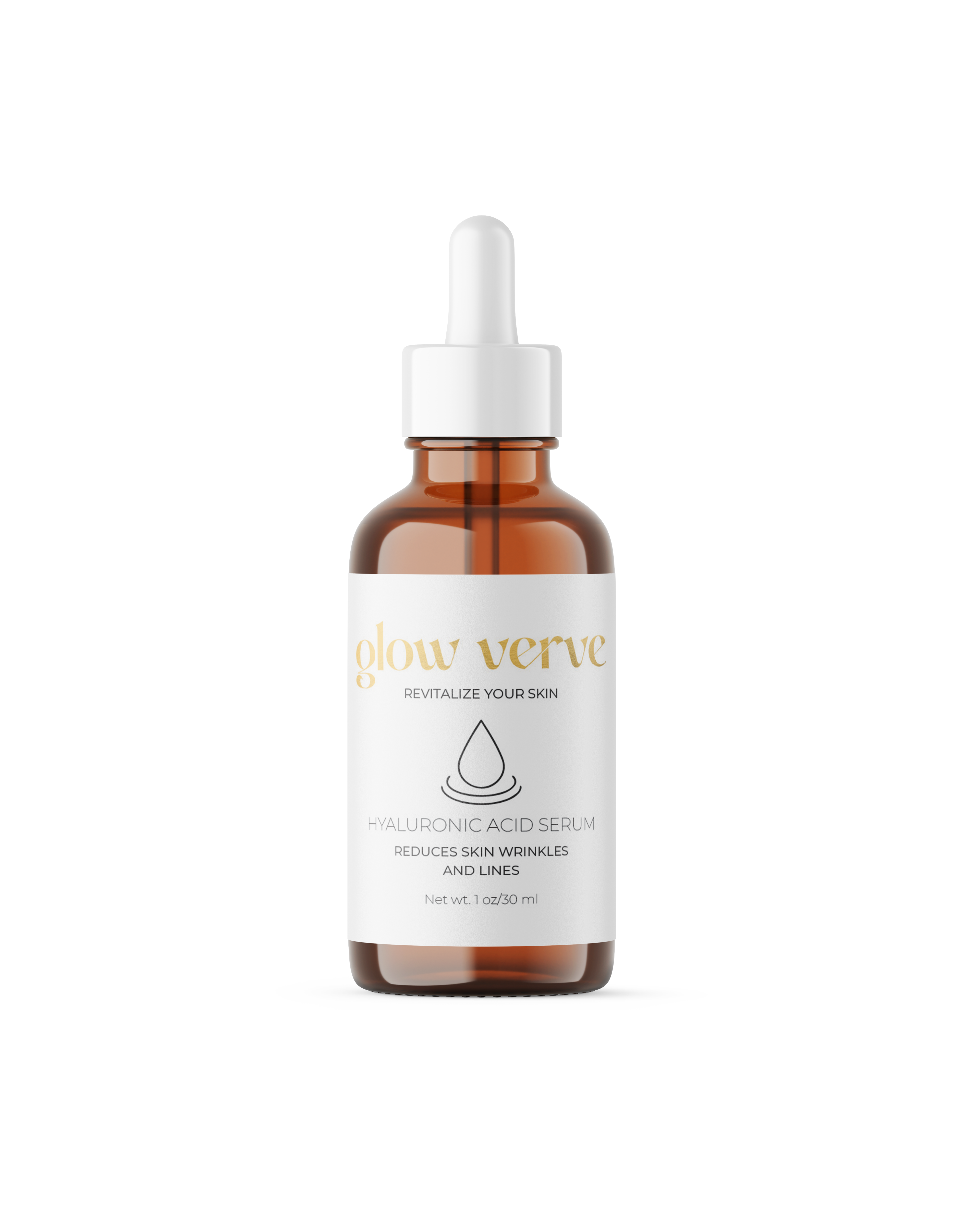 A bottle of Hyaluronic Acid Serum with a dropper, labeled 'glow verve' on a white background. Main image